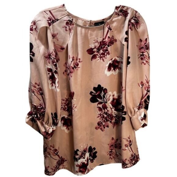 Worthington Womens Floral Print Blouse Pink & Burgundy 3/4 Sleeve Small - Picture 1 of 7